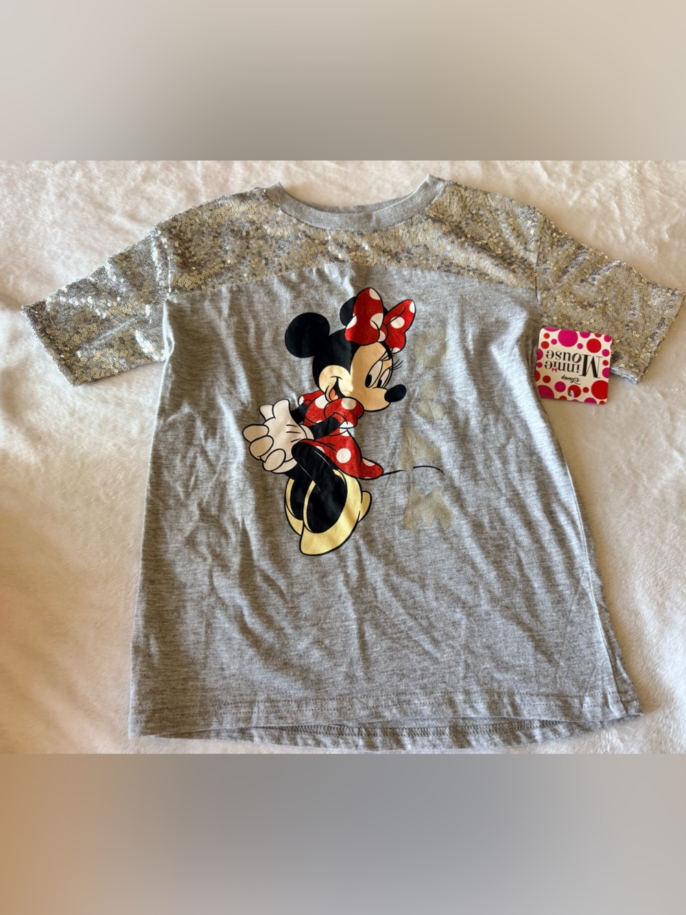 Disney Gray Minnie Mouse Sequin Sleeve Tee with Red Bow